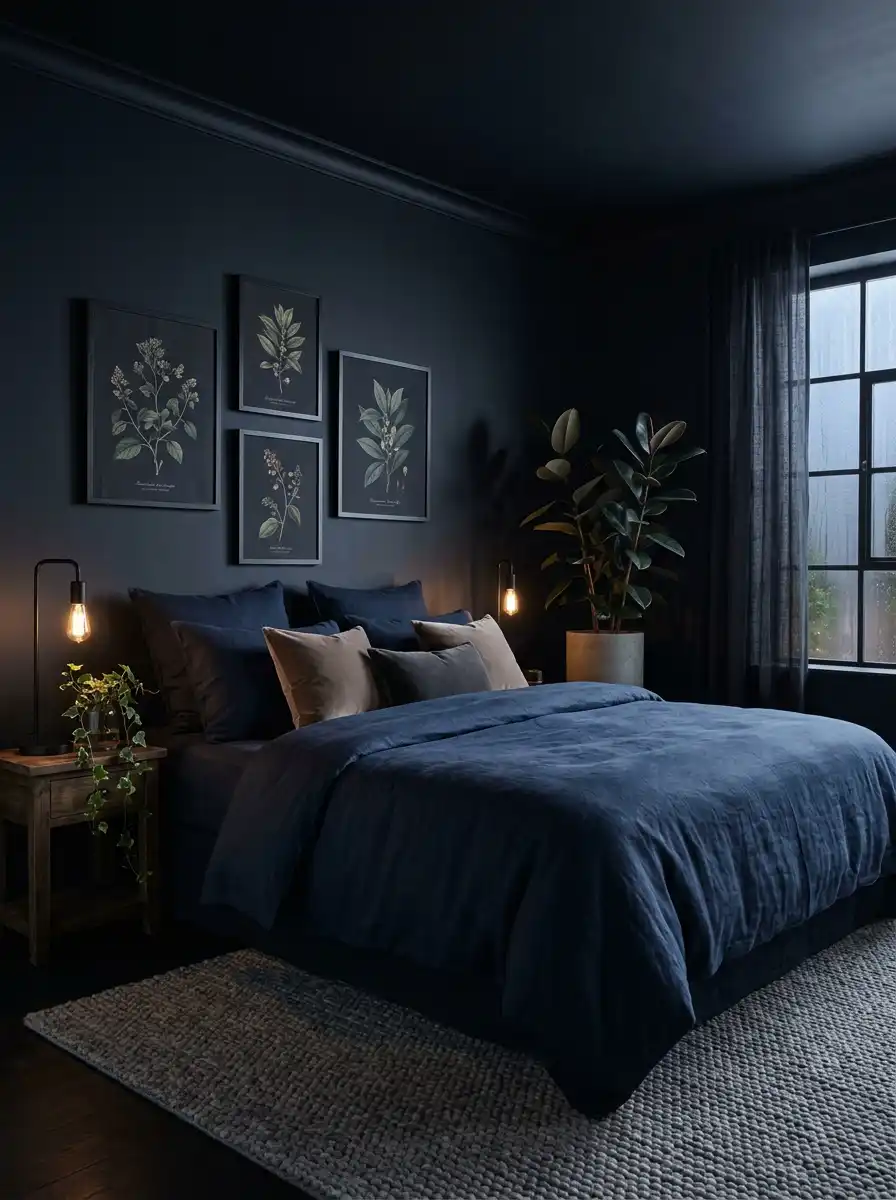 23.Nature’s Embrace: Deep Blue Walls and Opulent Textiles in a Dark Cozy Bedroom Design