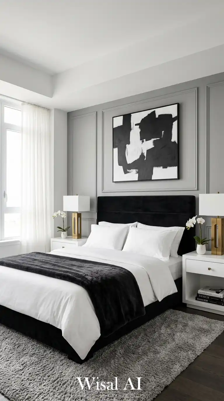A Modern Masterpiece: Where Luxury Meets Simplicity (Luxury Black and White Bedroom Idea)