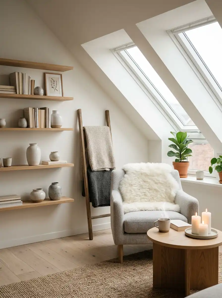 36.Nordic Hygge Loft: Cozy Living Room Idea