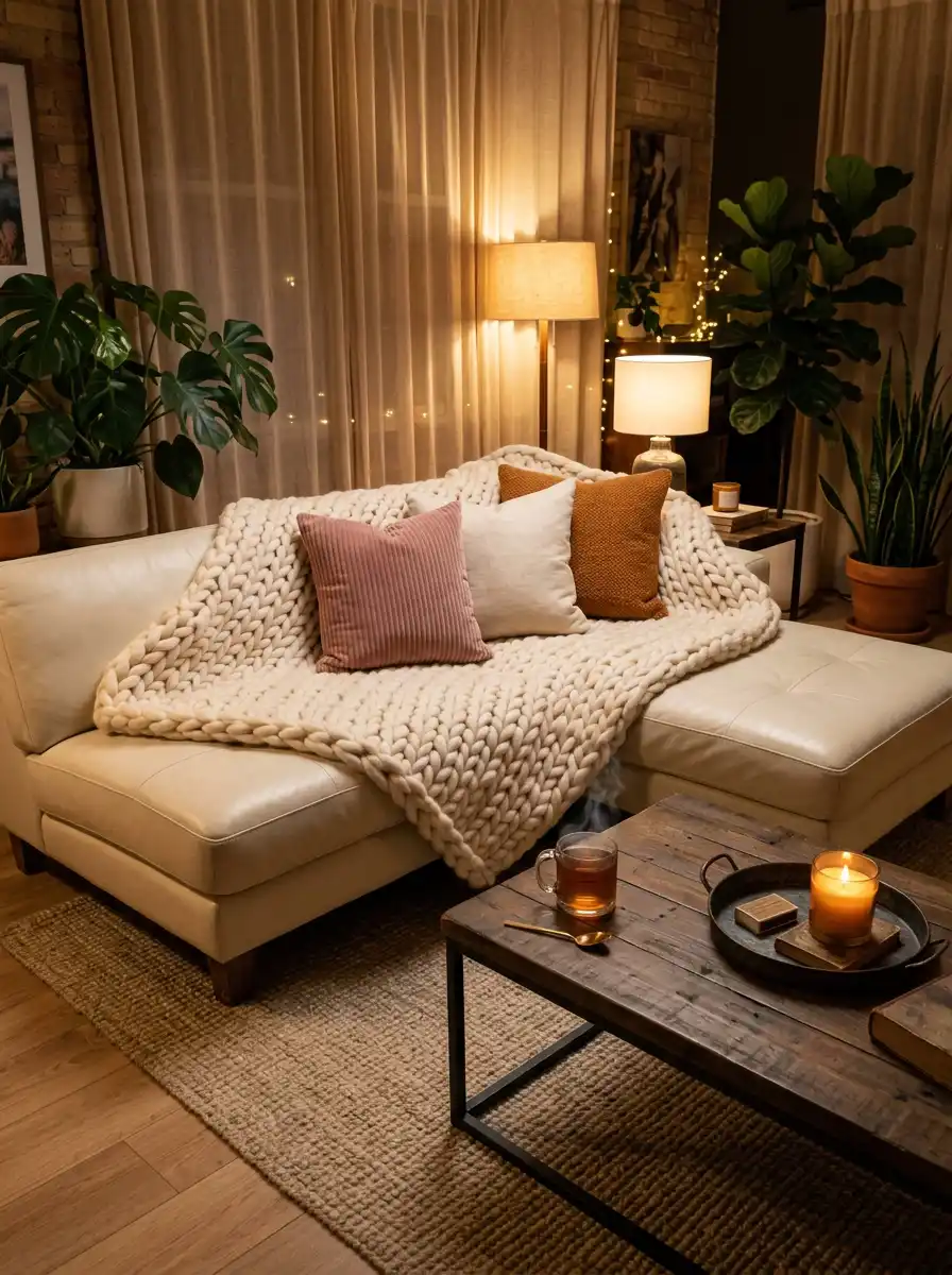 14. The Chunky Knit Cocoon Cozy Living Room Idea