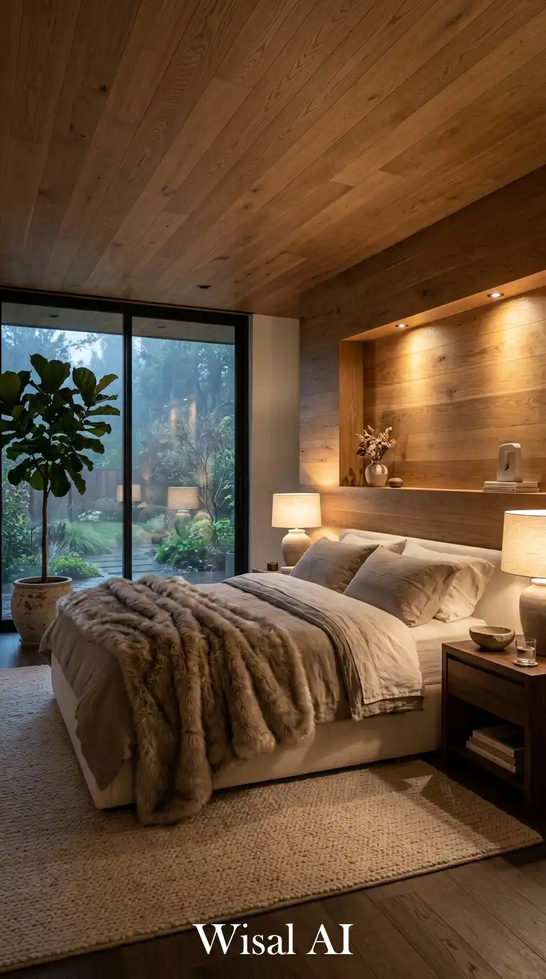 Quiet Modern Bedroom with Full Wood Paneling