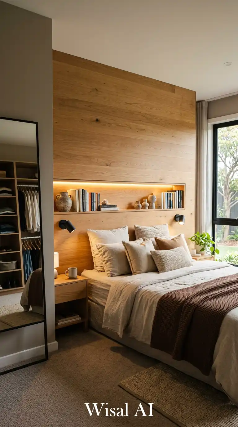 Quiet Modern Bedroom with Functional Woodwork