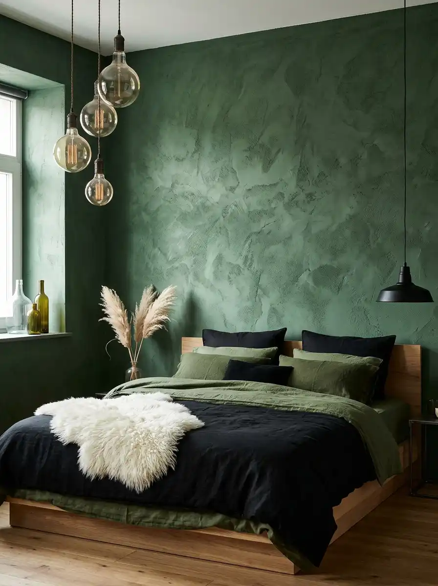 22.Raw Sophistication and Green Bedroom Textures