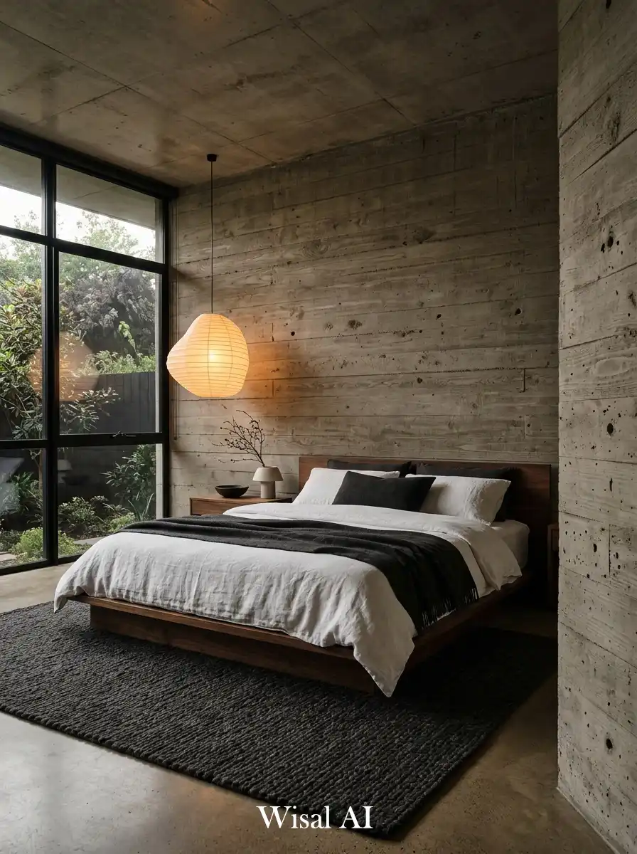 9. Raw Concrete Dark Japandi Bedroom  Brutalism Meets Japanese Restraint