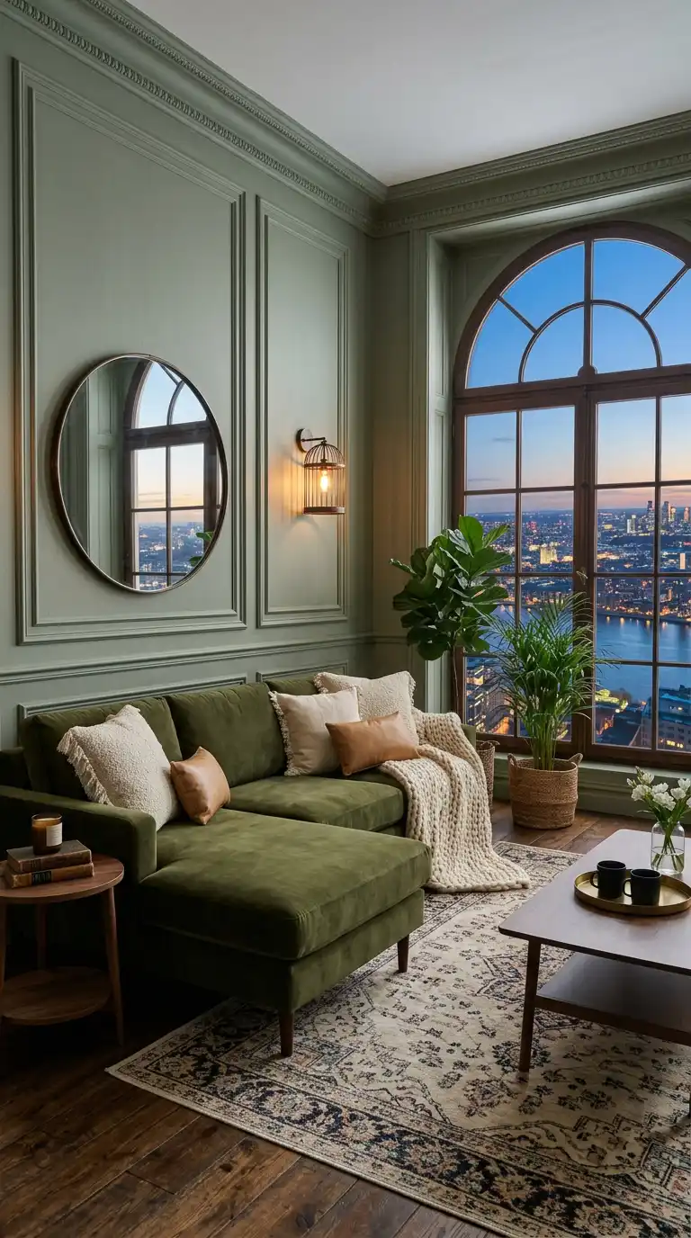 14.Integrating a Modern Olive Green Sofa into Classic Paneled Interiors