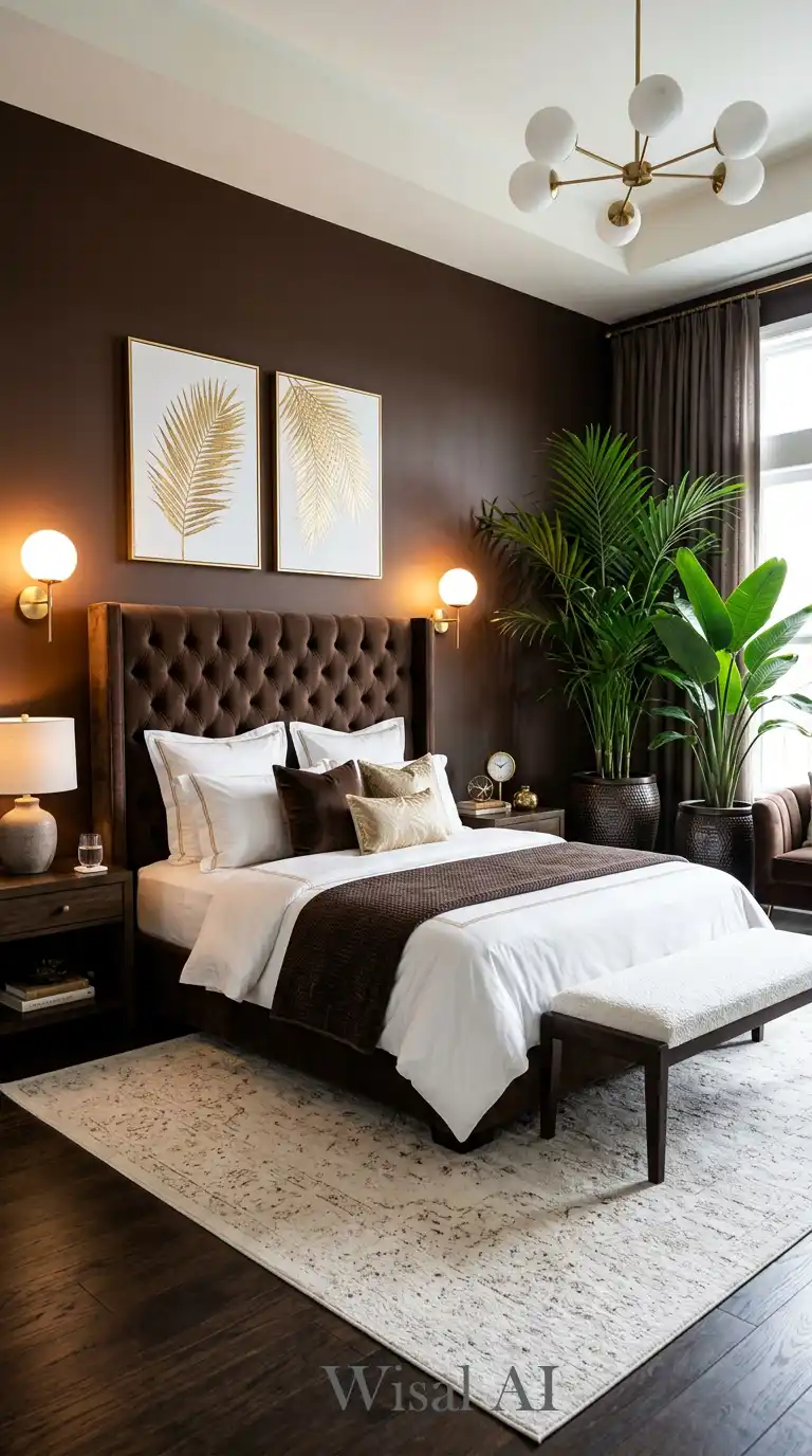 17.Resort Living: High-Contrast Luxury Brown and White Bedroom Aesthetics