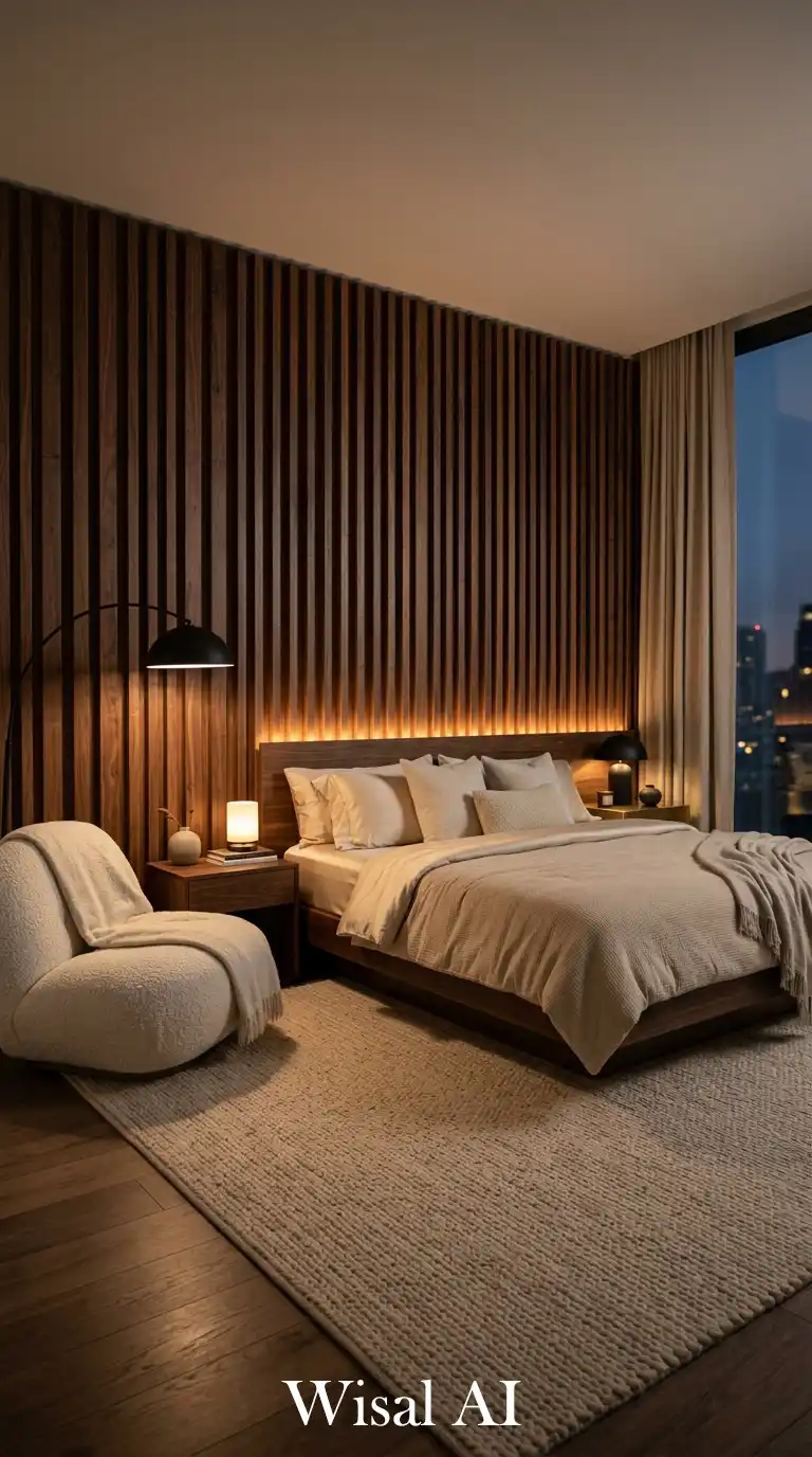 Rhythmic Walnut Slats in a Modern Bedroom