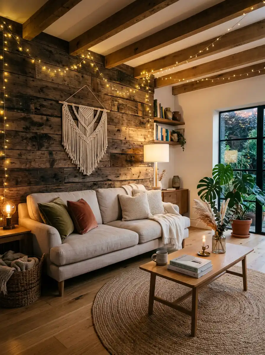 32.Rustic Heritage Meets Modern Glow: Cozy Living Room Idea