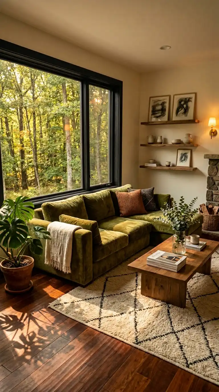33.Rustic Modern Aesthetics Featuring a Sun-Drenched Olive Green Sofa