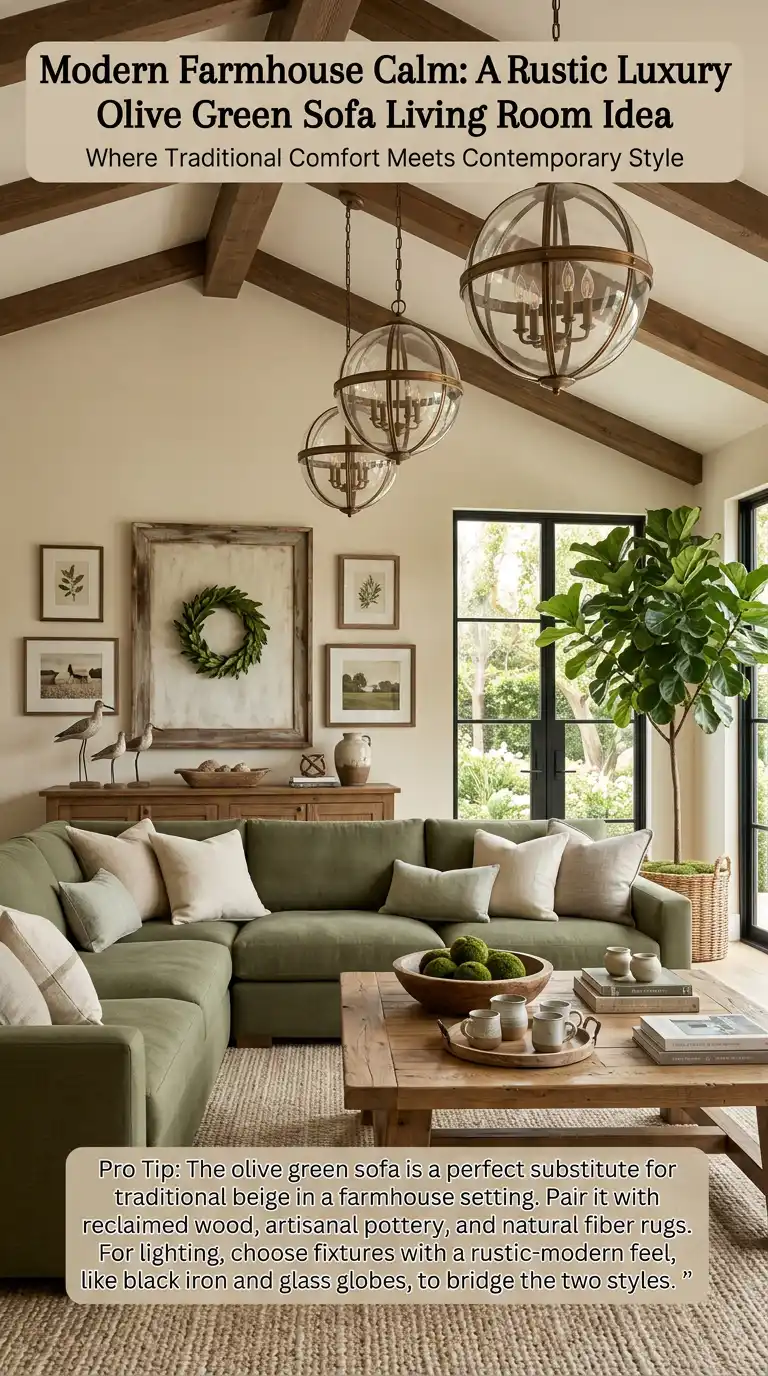 25.Rustic Reimagined: Why a Modern Olive Green Sofa is the Secret to a Cozy Farmhouse Vibe