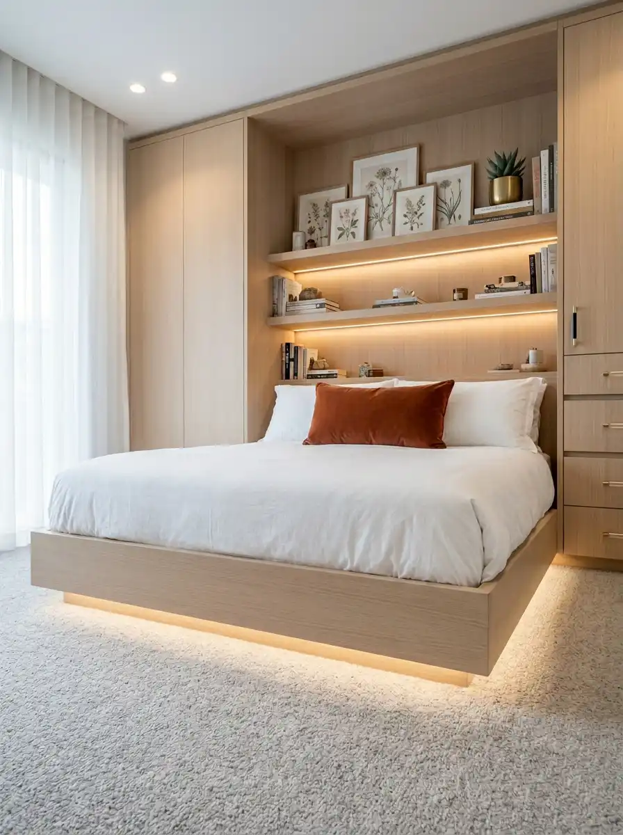 26.Seamless Design: Headboard meets Wardrobe - Small Bedroom Idea