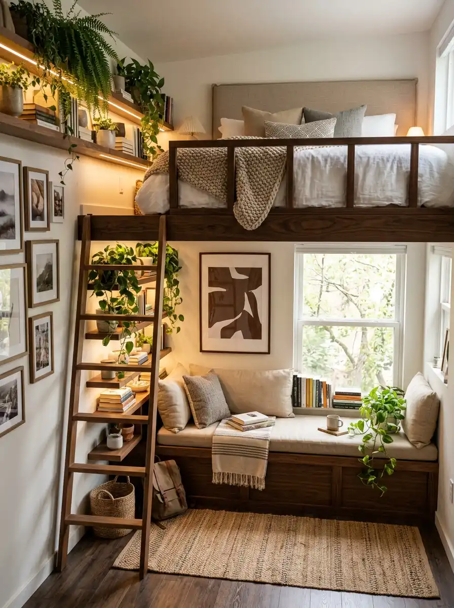Small Bedroom Idea with a Cozy Loft and Window Bench