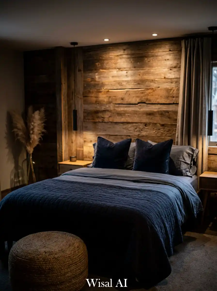 6.Small Rustic Bedroom Ideas: Contrasting Deep Tones with Raw Wood