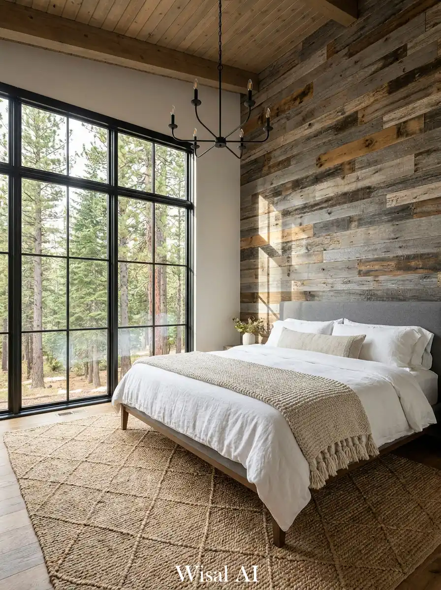 4.Small Rustic Bedroom Ideas: Grand Windows and Earthy Textures