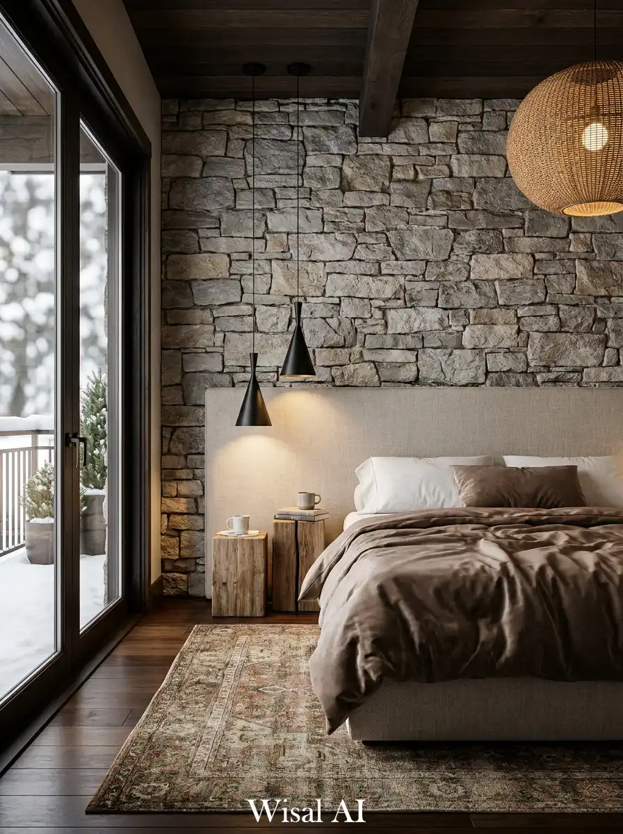 13.Small Rustic Bedroom Ideas: Merging Stone and Silk