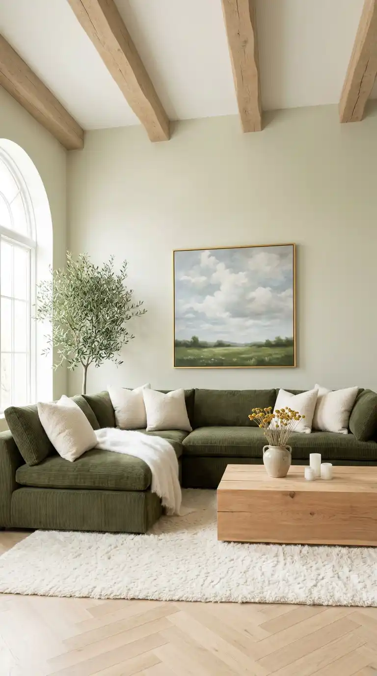 8.Soft Organic Luxury: Airy Olive Green Sofa Living Room Ideas