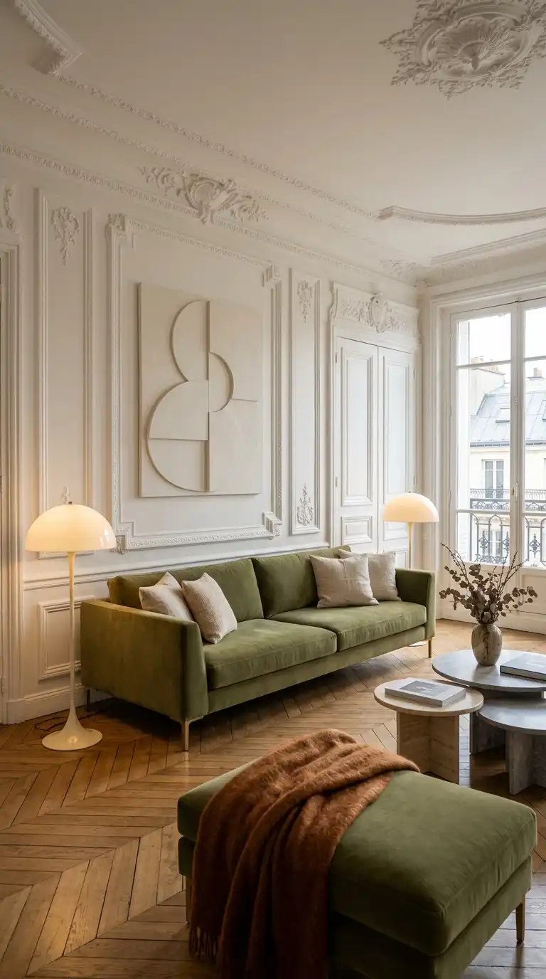 39.Sophisticated Wall Moldings and Sculptural Lighting with an Olive Green Sofa