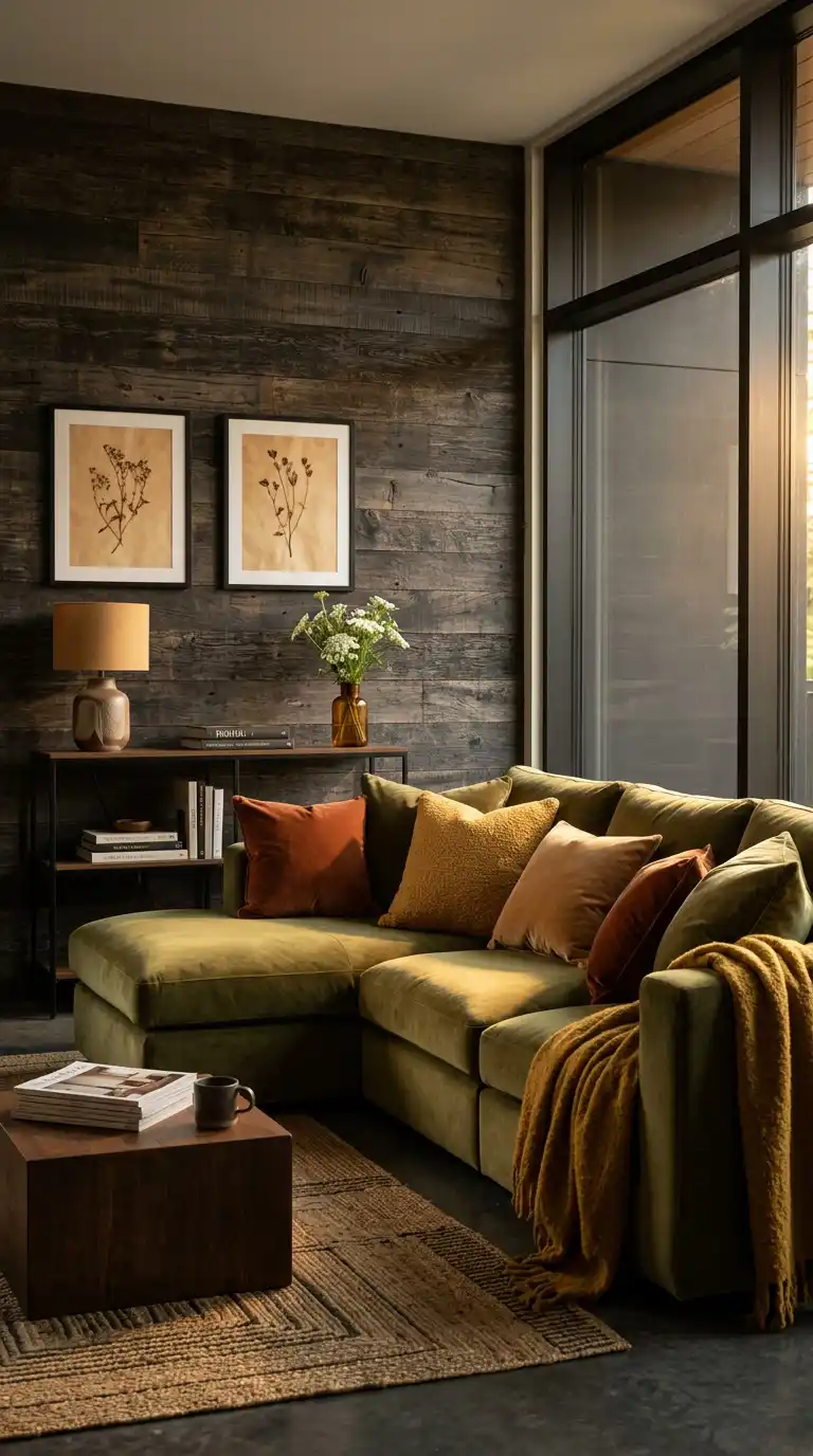 18.Highlighting an Olive Green Sofa Against Dark Textured Wood