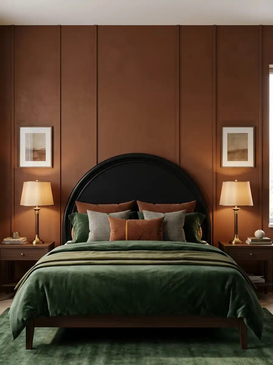 24.Symmetrical Elegance for a Deep Green Bedroom