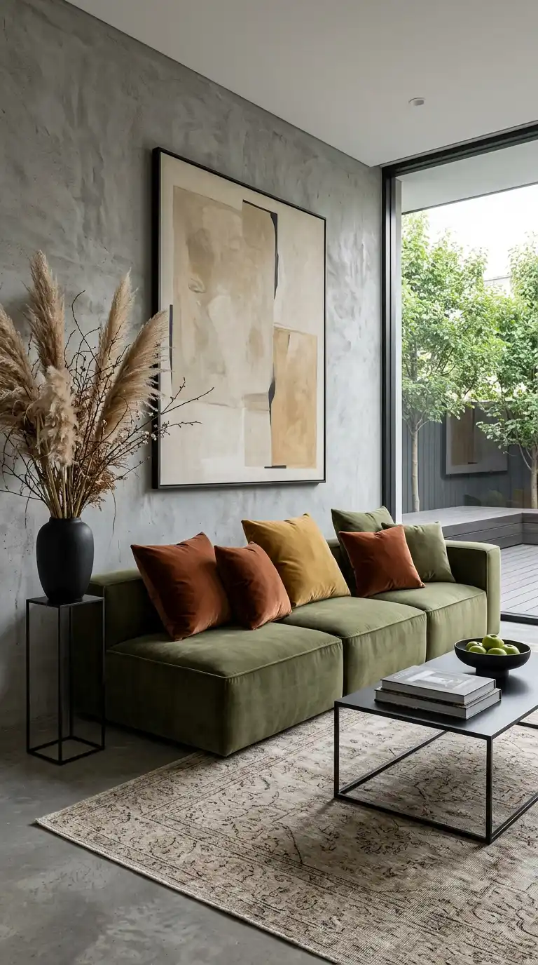 17.Designing a Quiet Luxury Nook with an Olive Green Sofa and Pampas Grass