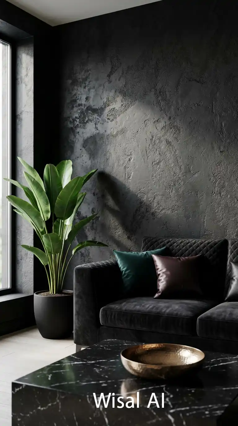 9.Tactile Plaster and Velvet: A Dark Moody Living Room Experience