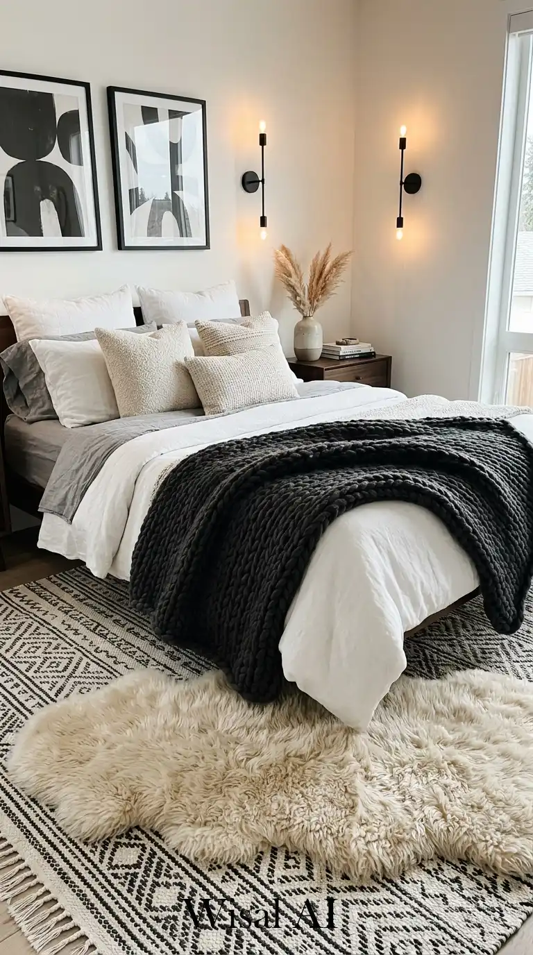 Mixing Rugs and Throws for a Cozy Black and White Bedroom Idea