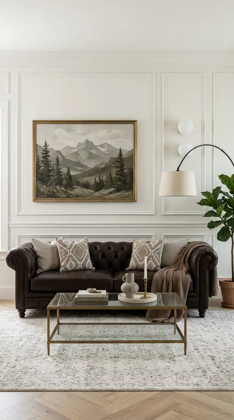 Elevating a Dark Brown Living Room with Fine Art and Molding