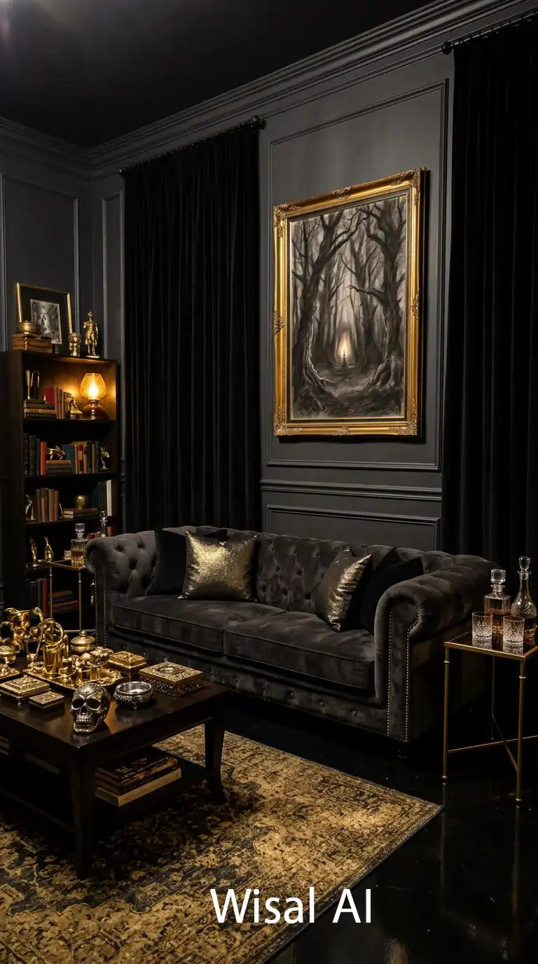 29.The Dramatic Intersection of Gold Accents and Dark Moody Living Room Walls
