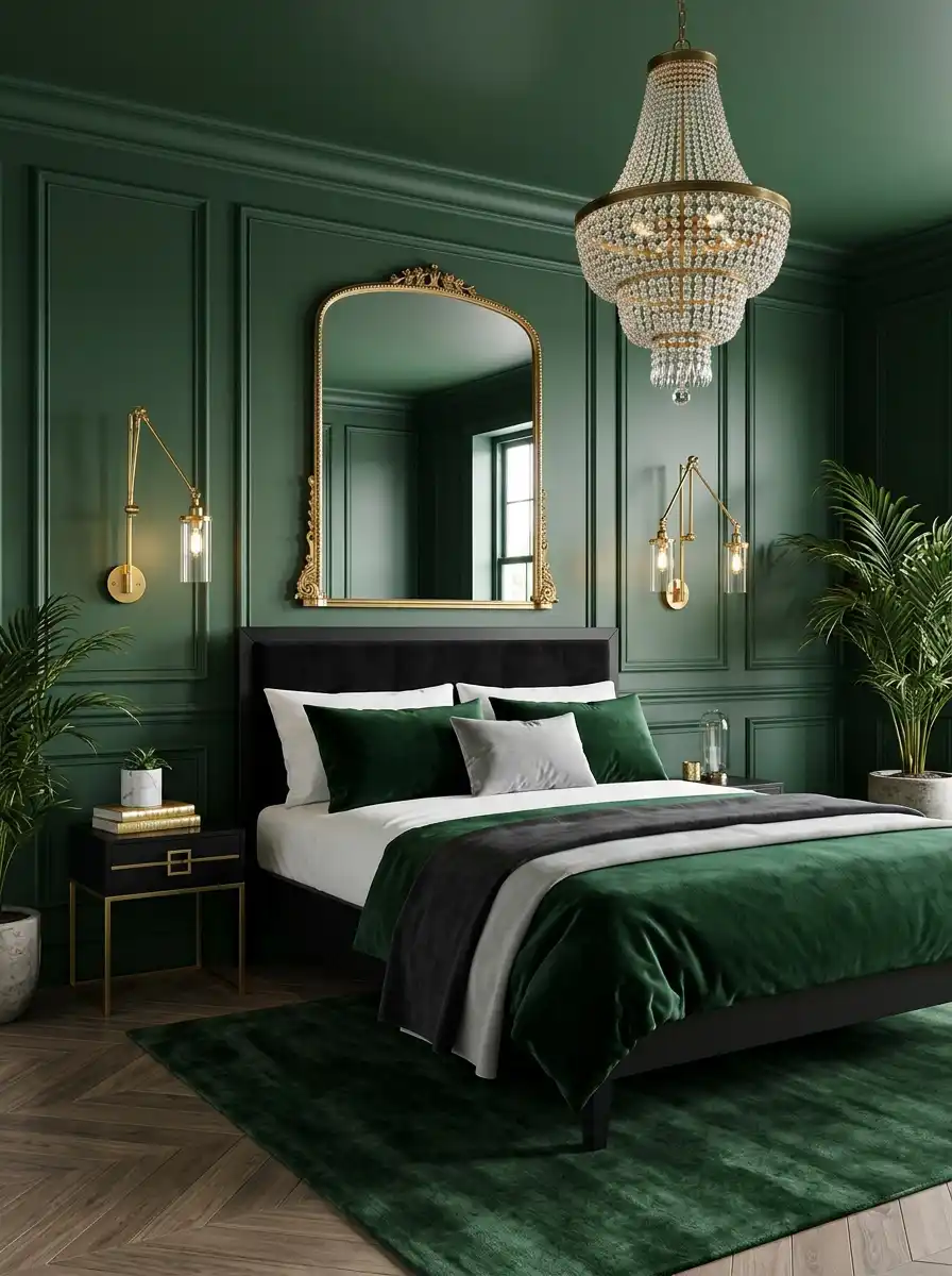 14.The Glamorous and Architectural Deep Green Haven (Green Bedroom Ideas)