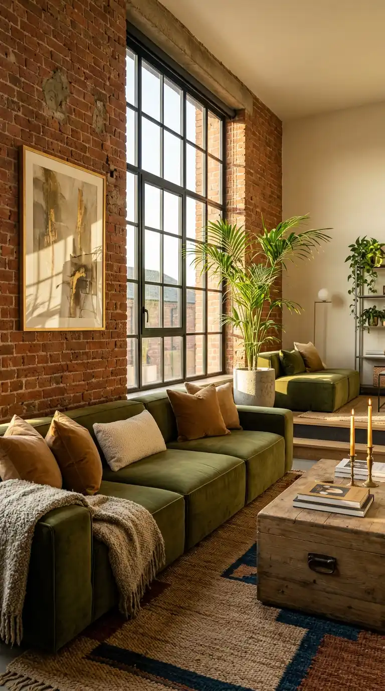 11.Olive Green Sofa Living Room Ideas: Merging Raw Textures with Organic Comfort