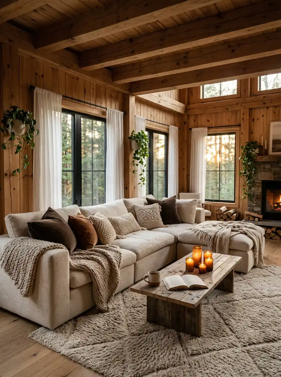 21. The Rustic Timber Sanctuary: A Cozy Living Room Idea