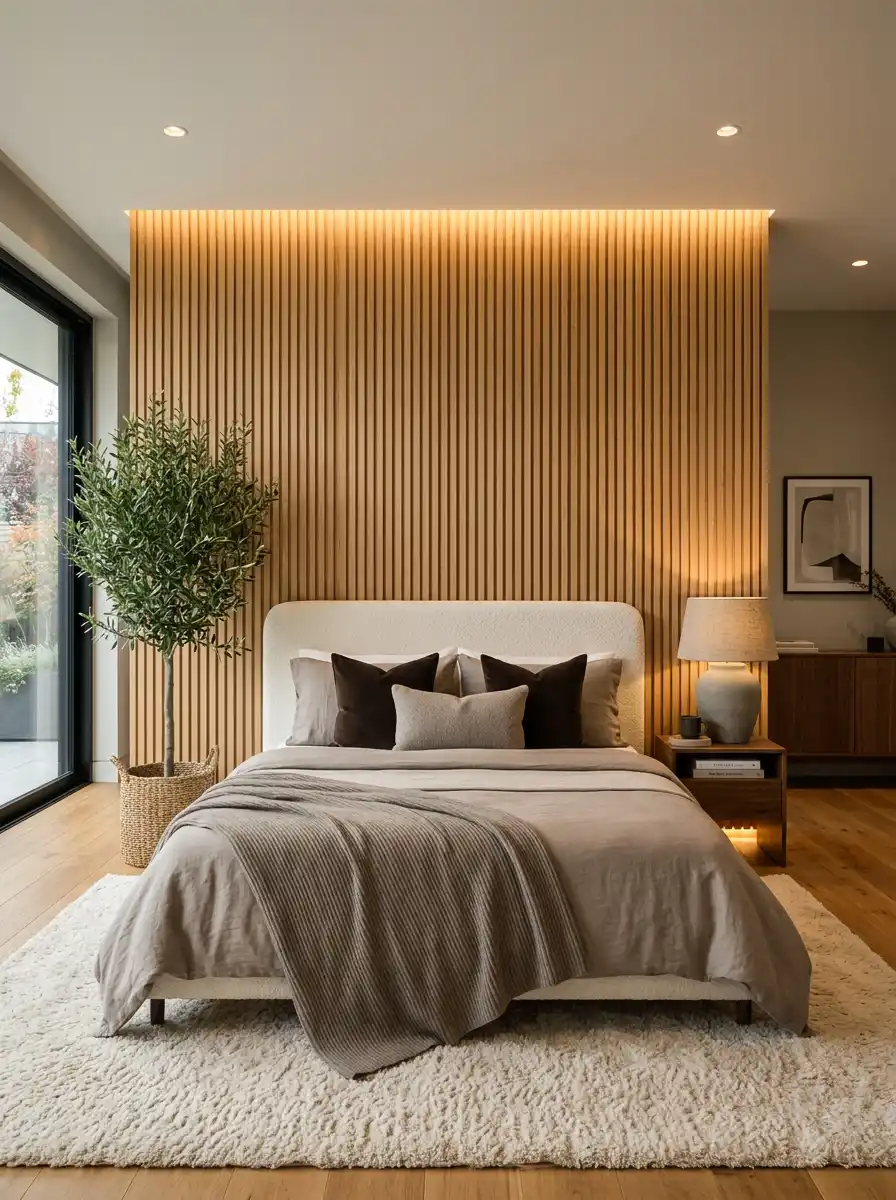 3. The Slat-Wall Retreat: A Modern Cozy Bedroom Idea