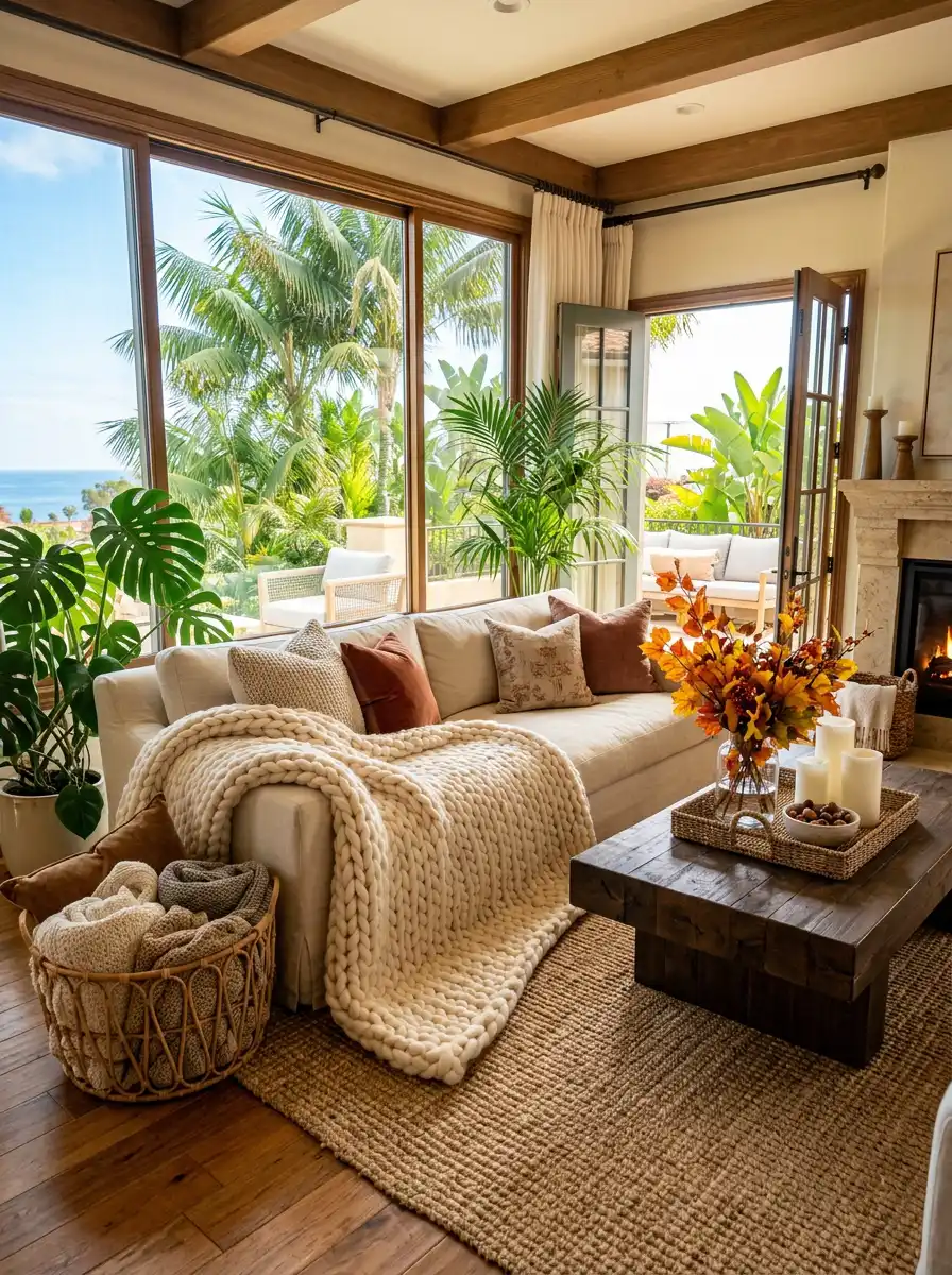 30.The Tropical Fall Fusion: A Cozy Living Room Idea