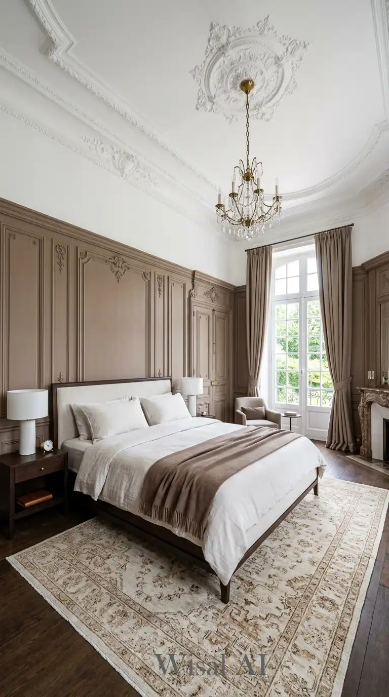 3.Timeless Grandeur: Reviving the Luxury Brown and White Bedroom with Classical Molding