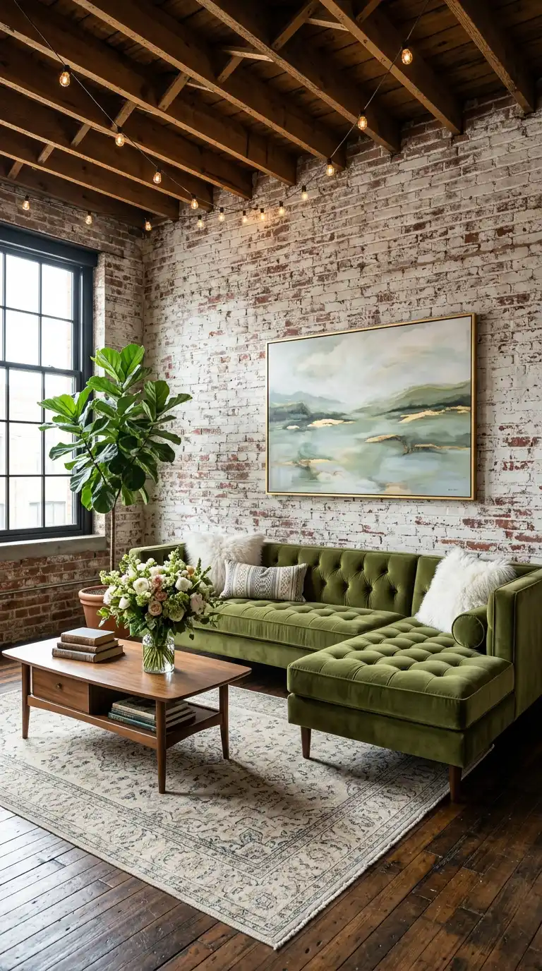 21.Transforming Your Industrial Loft with a Statement Olive Green Sofa and Raw Textures