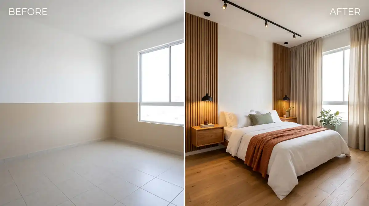 25.Ultimate Modern Bedroom Makeover: From Stark to Serene with Space-Saving Slat Walls