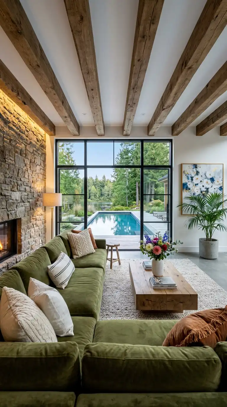 13.Ultimate Open-Plan Living: Olive Green Sofa Living Room Ideas for Indoor-Outdoor Harmony