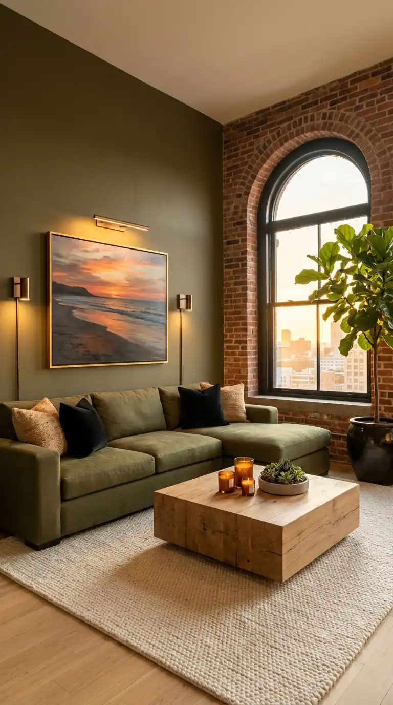 7.Urban Sophistication: Olive Green Sofa Living Room Ideas for Loft Living