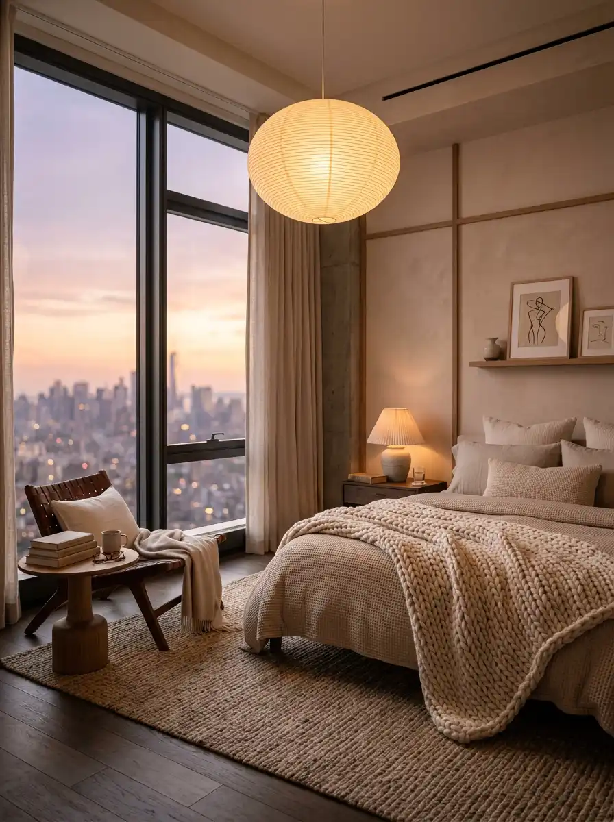 2. Urban Sunset Glow: Cozy Bedroom Idea with a View