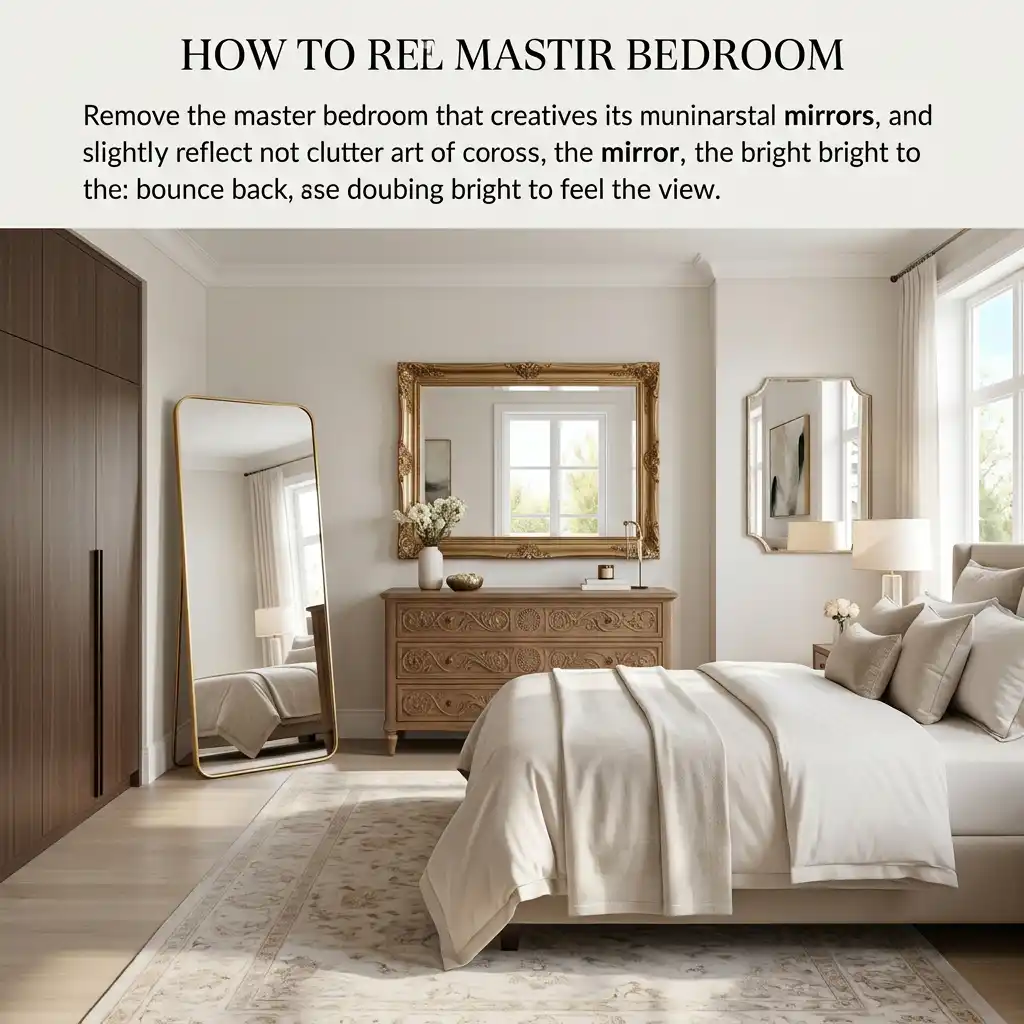 Modern bedroom with large mirror reflecting light and expanding visual space.
