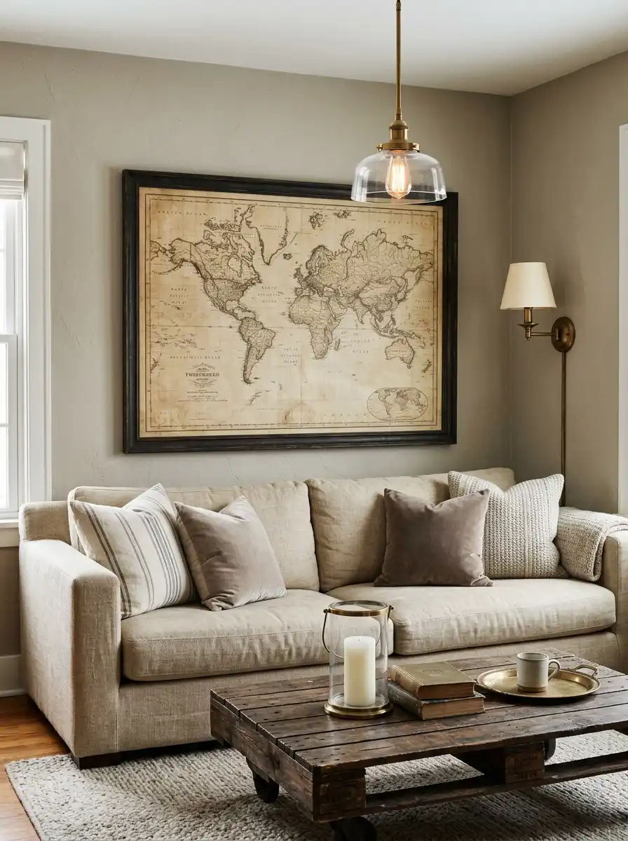 34.Vintage Map and Brass Accents: Cozy Living Room Idea
