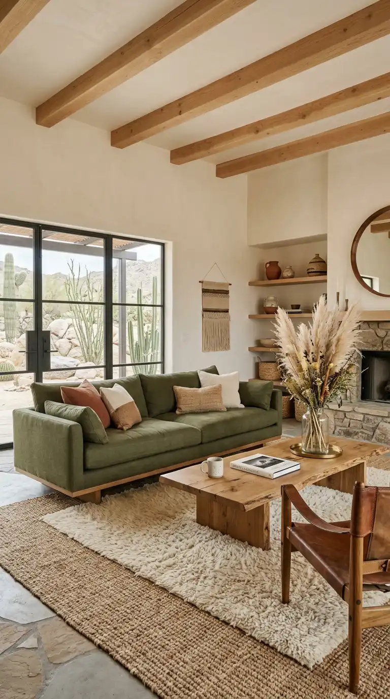 38.Woven Textures and Organic Materials Surrounding an Olive Green Sofa