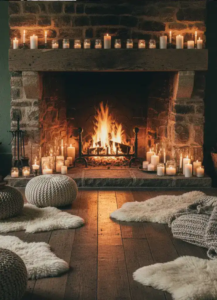 Rustic Stone Fireplace Inspiration for a Moody Cottagecore Home - AI Generated Interior Design Inspiration | Wisal AI : Center your living space around a timeless rustic stone fireplace. This design focuses on natural materials—raw stone, r