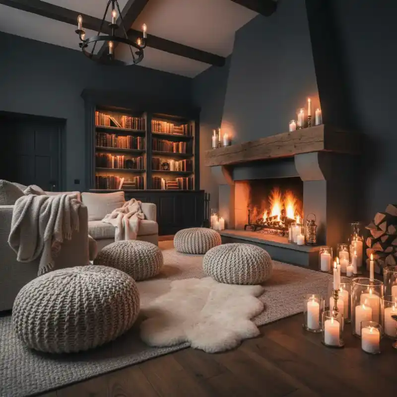 Luxe Dark Cottagecore: Reimagining Rustic Interiors with High-Contrast Warmth - AI Generated Interior Design Inspiration | Wisal AI : Discover the beauty of high-contrast rustic living. This space pairs dark, atmospheric walls with bright, creamy knit te