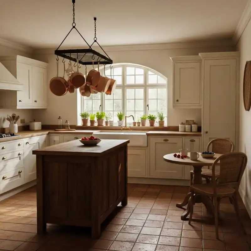 Warm Cottagecore Kitchen with Terracotta Floors and Herb Garden - AI Generated Interior Design Inspiration | Wisal AI : A charming cottagecore kitchen with warm terracotta tile floors and cream-colored shaker cabinets. A large wooden island