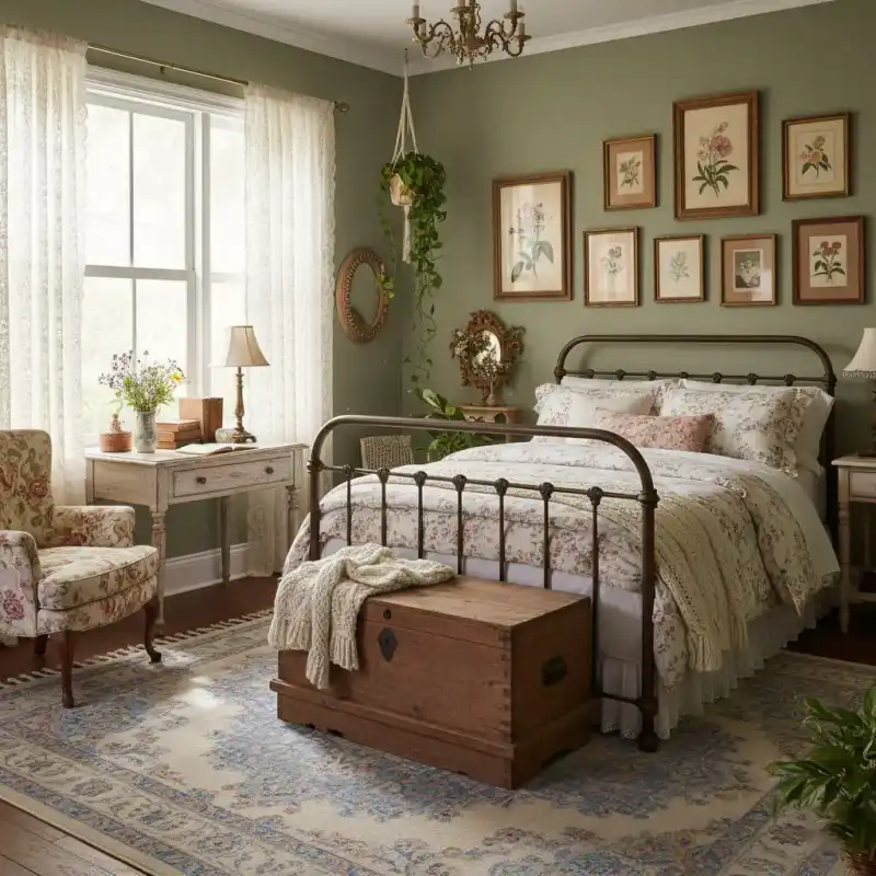 Vintage Cottagecore Bedroom with Floral Accents - AI Generated Interior Design Inspiration | Wisal AI : A charming and nostalgic space with antique frames, floral linens, and a cozy, lived-in feel.