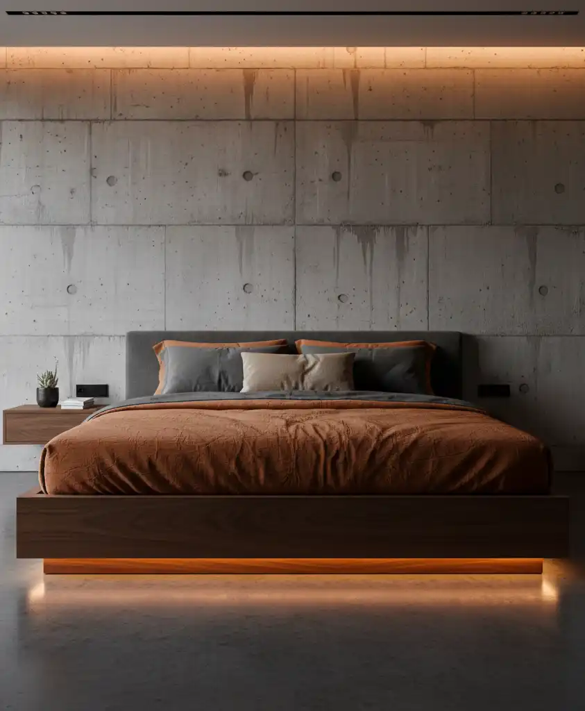 "The Future of Sleep: 20+ Stunning Designs Blending Grey Concrete with Warm Ember Fabrics."