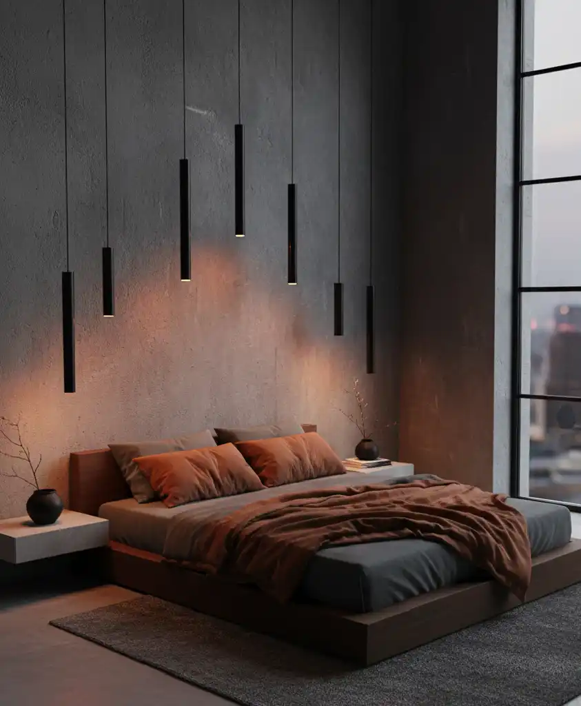 "The Future of Sleep: 20+ Stunning Designs Blending Grey Concrete with Warm Ember Fabrics."