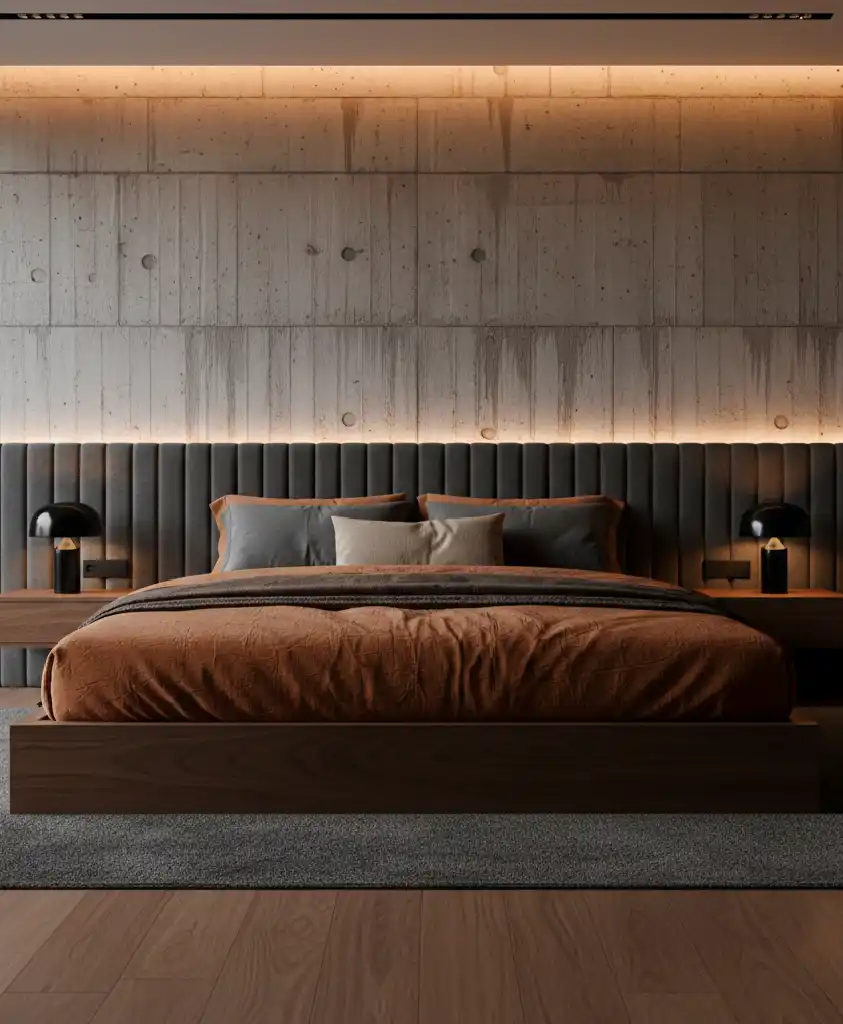 "The Future of Sleep: 20+ Stunning Designs Blending Grey Concrete with Warm Ember Fabrics."