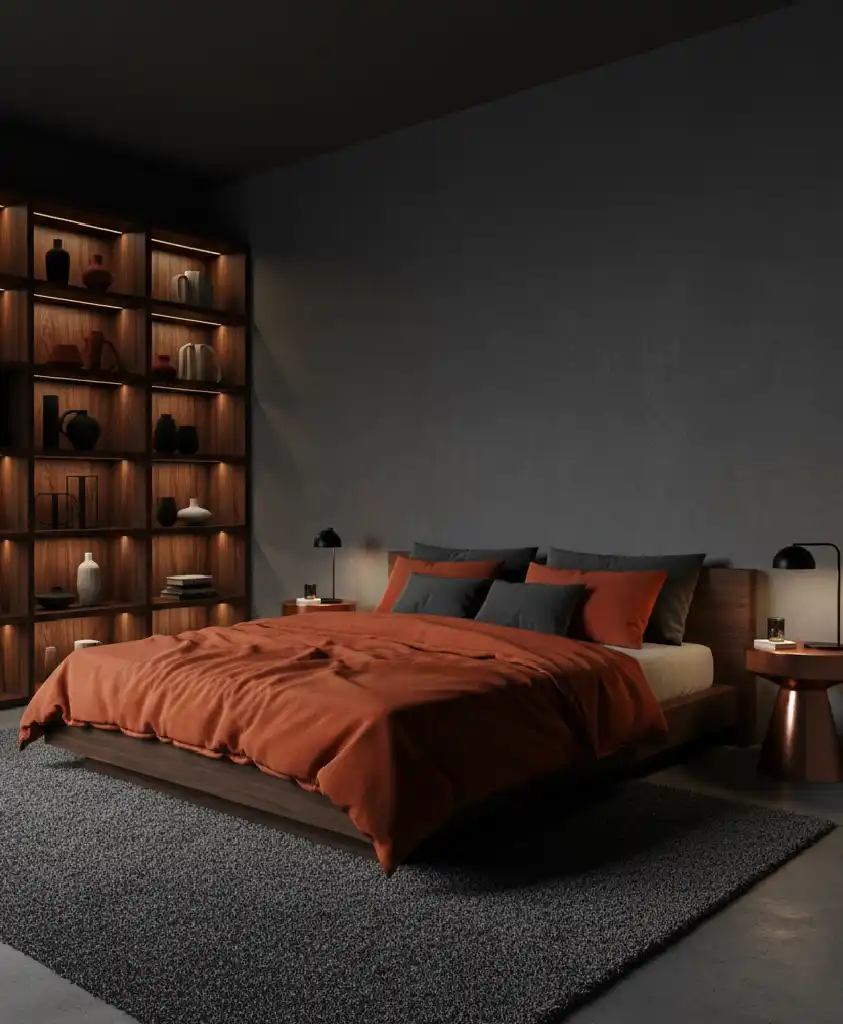 "The Future of Sleep: 20+ Stunning Designs Blending Grey Concrete with Warm Ember Fabrics."